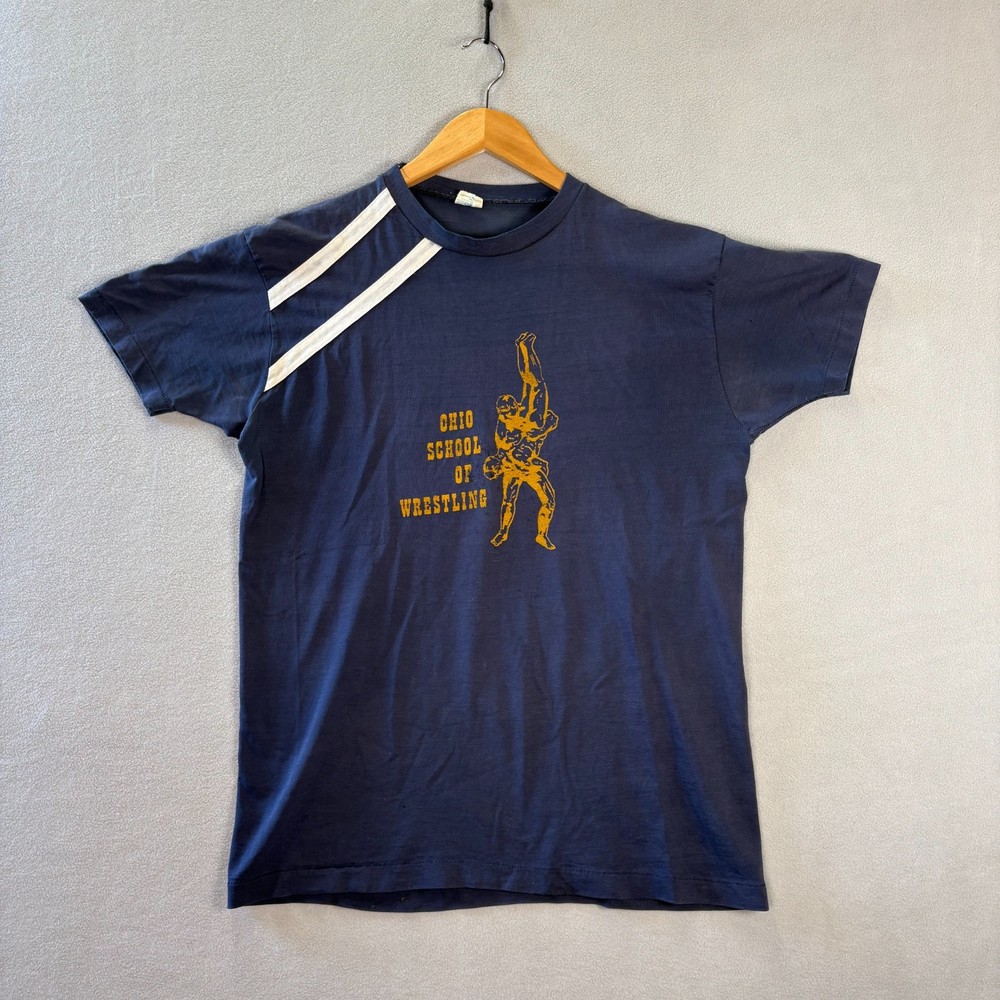 VTG 70s Ohio State Wrestling T Shirt Mens XL 20×27 Blue Champion Blue Bar
