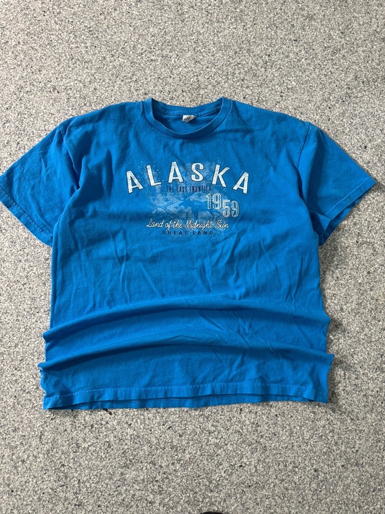 Vintage Y2k Men’s Blue Alaska Spellout T Shirt Tee Size Large 90s Retro USA L