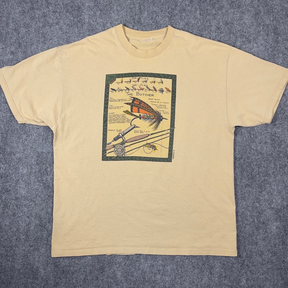 Tradewinds Fly Fishing Graphic T-Shirt Mens XL Tan The Butcher Lure Art Tee