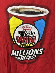 TIM HORTONS Coffee T-Shirt Medium Red Employee Work Uniform 2014 Roll Up The Rim