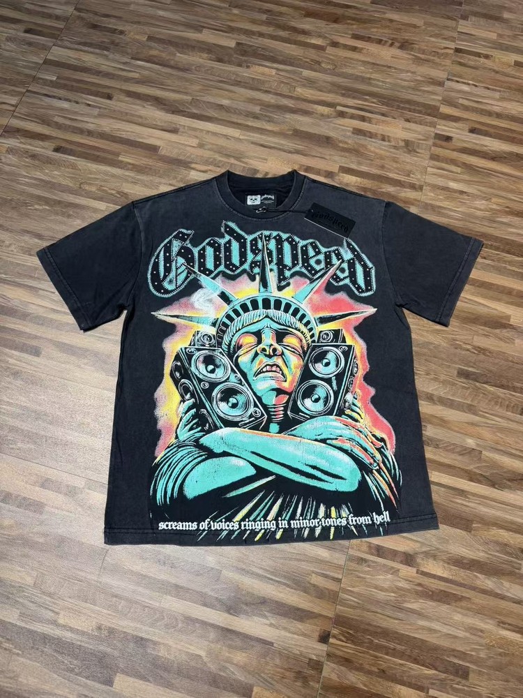 26SS Godspeed Mocking the Statue of Liberty printing Tee Mens Cotton T-shirt