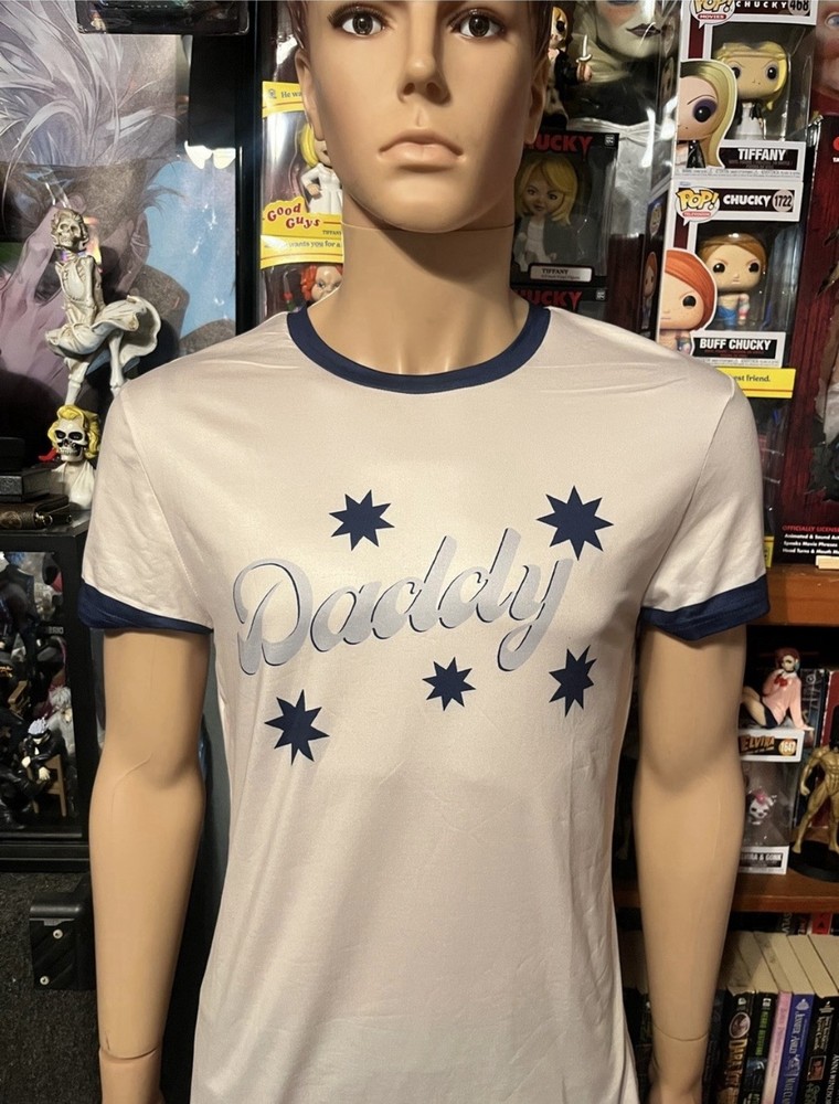 Men’s L White/Blue Ringer Crew Neck Short Sleeve “Daddy” Graphic T-Shirt