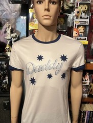 Men’s L White/Blue Ringer Crew Neck Short Sleeve “Daddy” Graphic T-Shirt