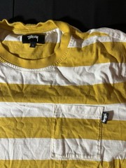 Stussy Yellow White Striped Pocket Logo Cotton Knit T-Shirt Men’s XL