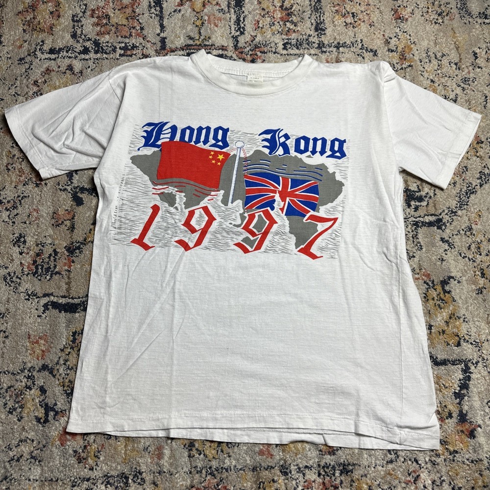 Vintage Hong Kong 1997 T Shirt XL White Great Britian Transfers Control