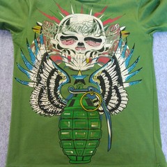 Christian Audigier Y2K Skull Grenade Rhinestone Green T-Shirt Short Sleeve Sz S