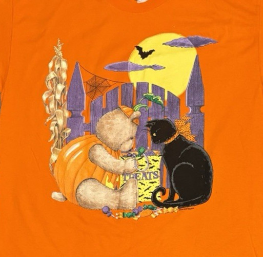 Vtg Halloween T-Shirt Size L Cat Bat Bear Full Moon Candy Crew Atlas Sports 90s