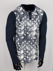 Mens Thremal Henley Navy Blue Faded White Stars Long Sleeve Shirt Slim Fit