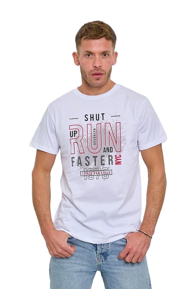 Mens Run Print Short Sleeve Crew Neck 100% Cotton T-Shirt ZY06 OFFERTA
