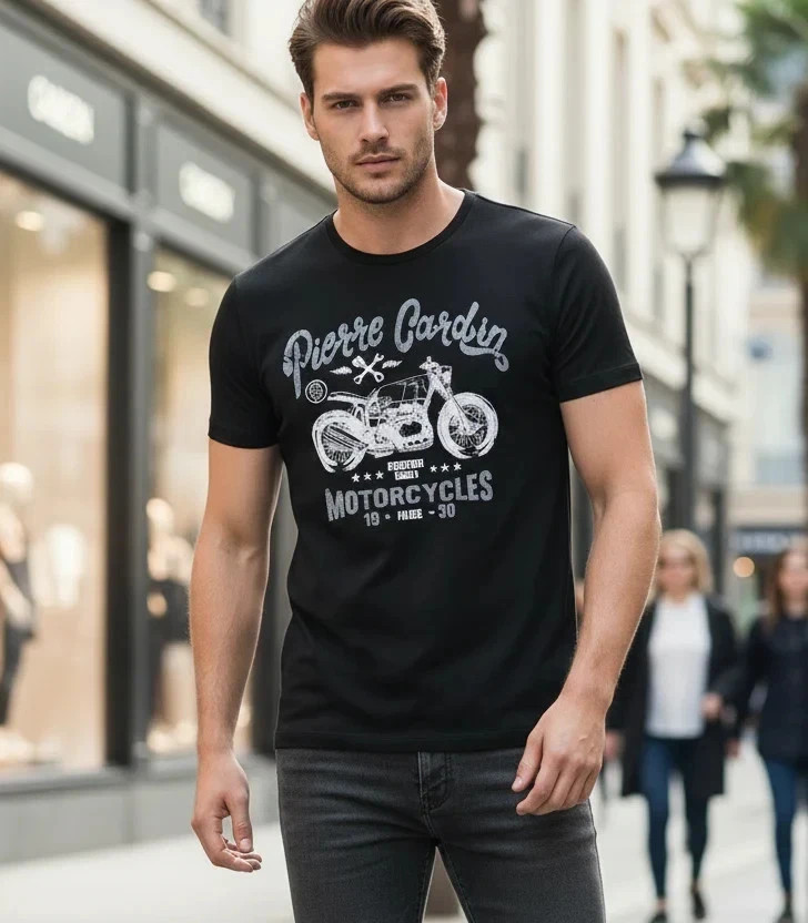 Pierre Cardin Men’s T-Shirt – Black with Motorcycle Print This Men’s T-Shirt