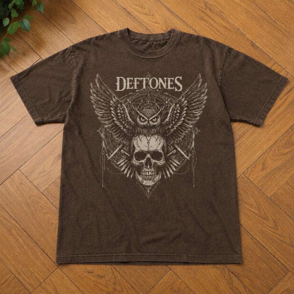 Deftones Band T-Shirt Brown Owl Skull Graphic Nu Metal Alt Rock Tee
