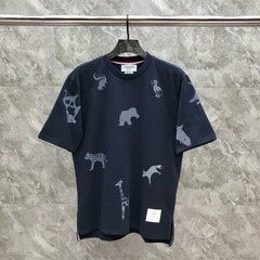 Thom Browne New Multi Animal Print Cotton Short Sleeve Navy T-Shirt Size L