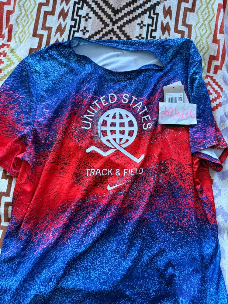 Nike USA Miler DRI-FIT Short Sleeve Running Shirt Red White Blue FJ3411-635 XXL