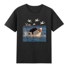 Cat Biting Shark Funny Cat And Shark Graphic Meme T-Shirt