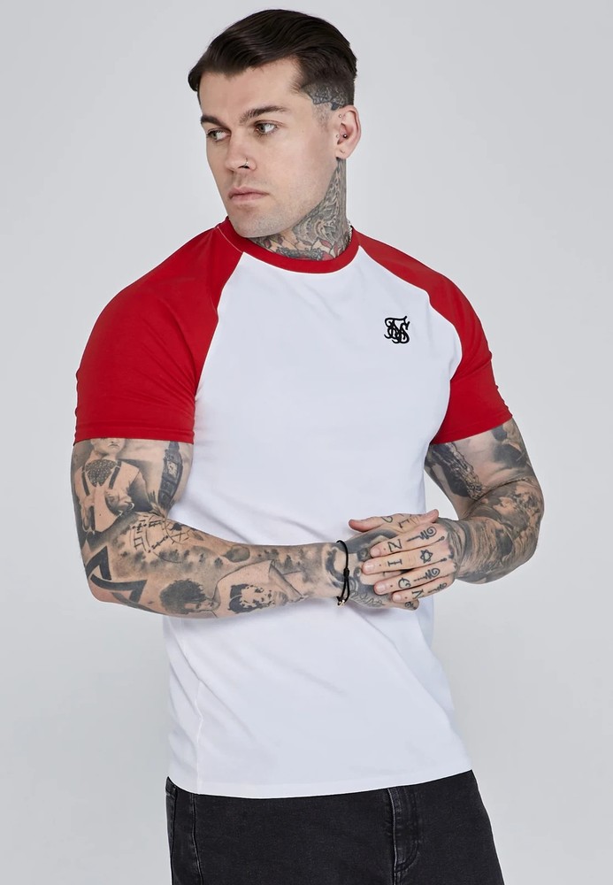 SikSilk Mens White, Red Raglan T-Shirt Small