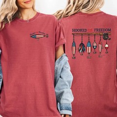 Hooked on Freedom Fishing T-Shirt USA Flag Lure Patriotic Graphic Tee 1776