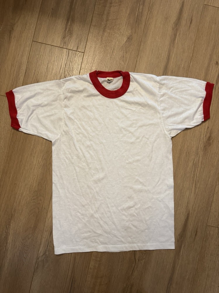 Vintage 80s Single Stitch Ringer T Shirt White Red NEW/OLD Stock Single Stitch