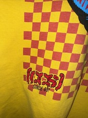 XL Santa Cruz T Shirt, Yellow, Blue Screaming Hand, 1980’s, 42” Chest, 40” Waist