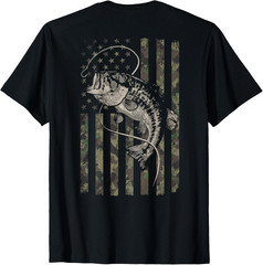 Fishing Camo American Flag Bass Fish (Design on Back) T Shirt