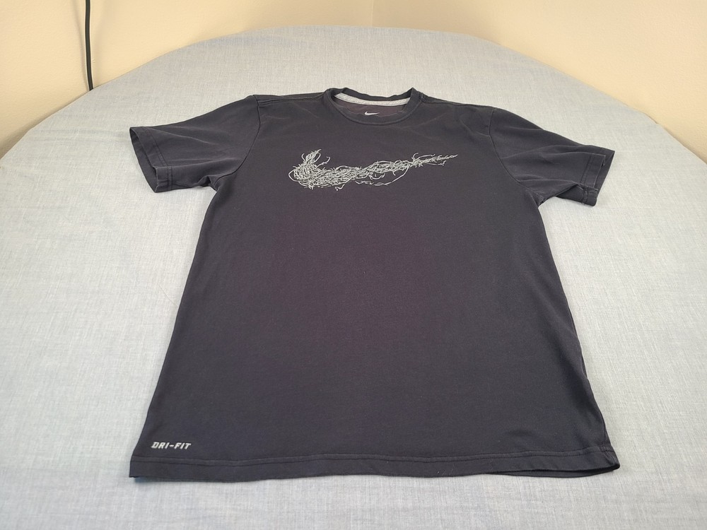 NIKE Shirt Mens Medium Black Dri-Fit Barbed Wire Swoosh Logo Outdoor Sports