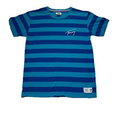 Vintage Tommy Jeans Mens XL Blue Striped Short Sleeve Script Boxy Logo T-Shirt