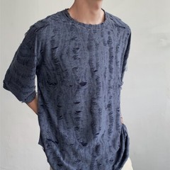 Men Retro Thin Short Sleeve Shirt Ripped Hollow Blouse American Style Tops Soft