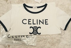 WomenCELINE White/Black Ringer Logo Crew Neck Short Sleeve T-Shirt Size S