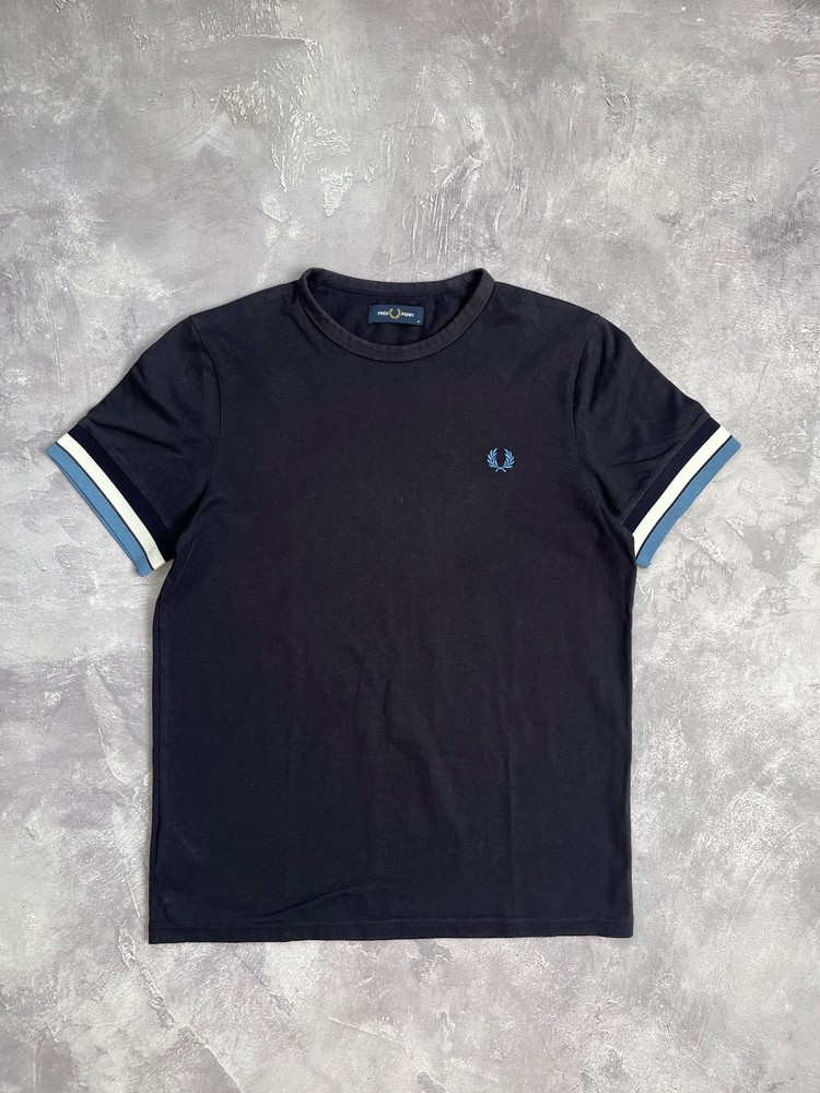 Fred Perry T Shirt Mens Medium Black Cotton Embroidered Logo Striped Ringer Cuff