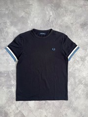 Fred Perry T Shirt Mens Medium Black Cotton Embroidered Logo Striped Ringer Cuff