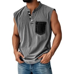 Men Sleeveless Beach Shirts Summer Hawaiian Shirts Casual Button Henley Tank Top