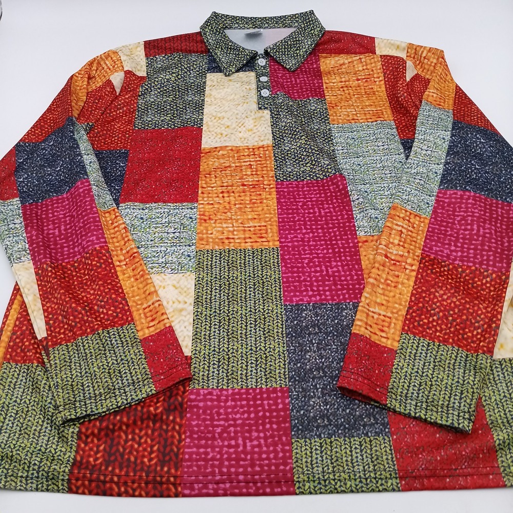 Geometric Colorblock T Shirt Mens XL Multicolor Long Sleeve With Buttons