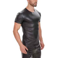 Men Soft Matte Leather T-Shirt Stretch Shiny Leather Vest Gym Crew Neck