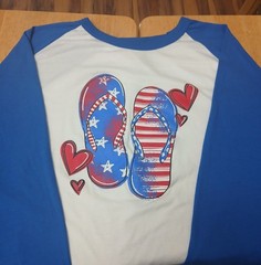 4XL Womans 3/4 Sleeve Tee Shirt Blue/White Beach Flop Flag Patriotic Jerzees