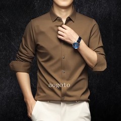 Spring Mens Long Sleeve Shirt Silk Cotton Business Casual Formal Slim Fit Shirts