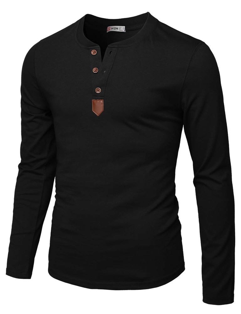 H2H Mens Long Sleeve Slim Fit Henley T-Shirt with Buttons Black US XL/Asia 2XL