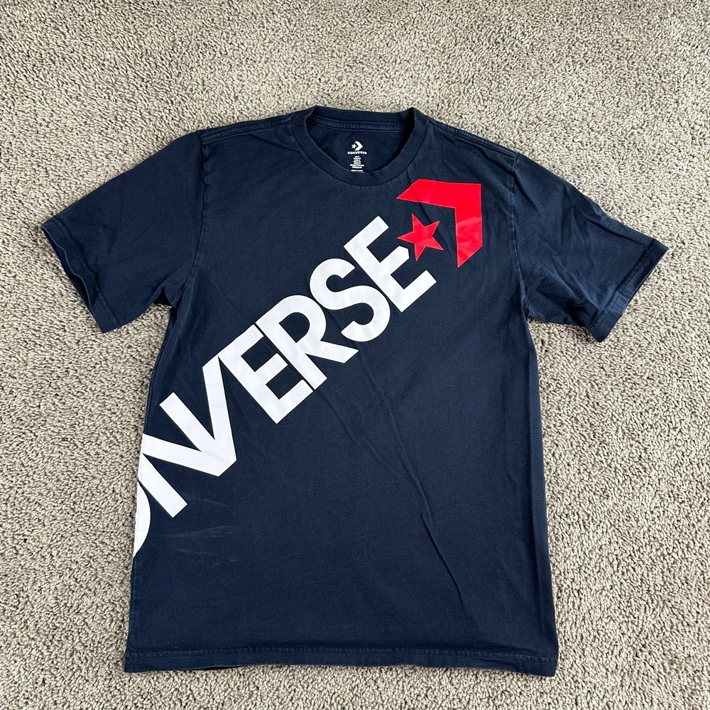 Converse Shirt Mens Small Navy Blue White Wrap Around Print Short Sleeve Casual
