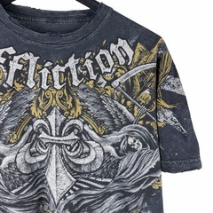 Mens Y2K Affliction Cross Wing Grunge Punk AOP Graphic Grey Shirt Size L