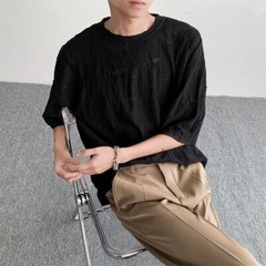Men Retro Thin Short Sleeve Shirt Ripped Hollow Blouse American Style Tops Soft