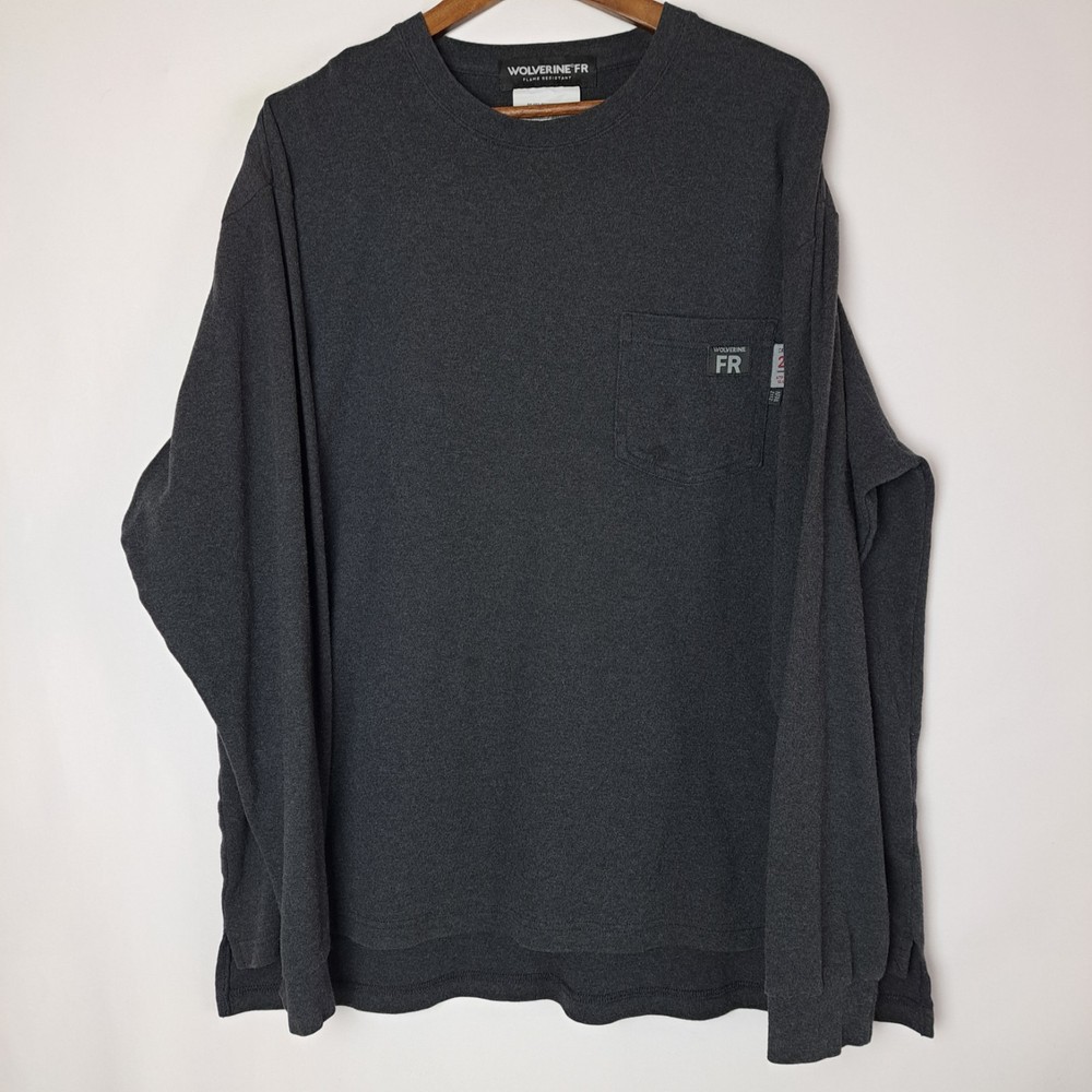 Wolverine FR Flame Resistant T-Shirt Mens XL Gray Long Sleeve Pocket NFPA 2112