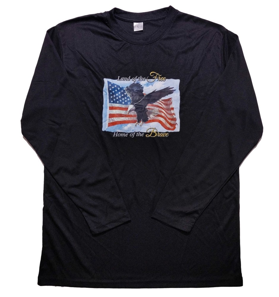 Land of the Free Home Brave Long Sleeve Performance Shirt USA Flag Black Large L