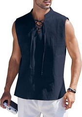 Men Cotton Linen Tank Top Sleeveless Lace Up Shirt Bohemian Beach Casual Tunic