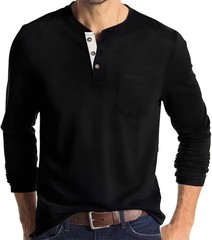Mens Fashion Henley Shirts Long Sleeve Button Cotton T-Shirt with Pocket