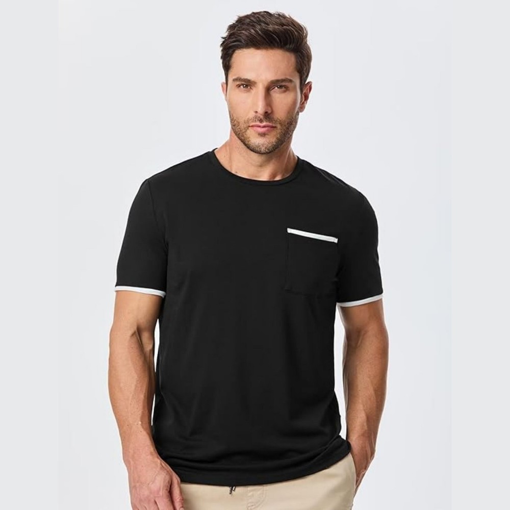 Medium Men’s Black Contrast Trim Stretch Cotton Pocket Crewneck T Shirt