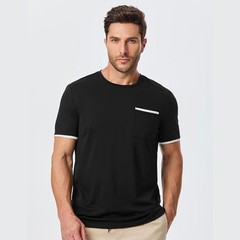 Medium Men’s Black Contrast Trim Stretch Cotton Pocket Crewneck T Shirt