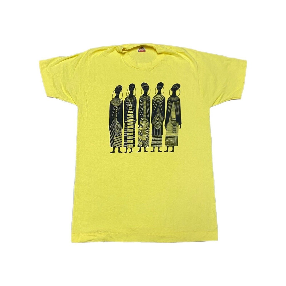 Vintage Maasai Women Shirt Men’s L Heidi Lange Art Africa Kenya Yellow Cotton