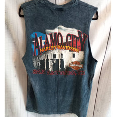 VTG Alamo City Harley Blue Mineral Wash Cut-Off Muscle Tank Hat Skull Men Medium