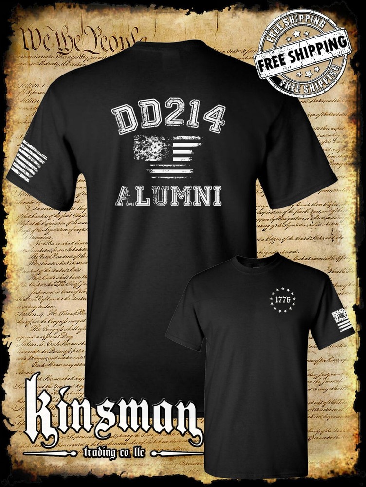 DD214 Alumni Flag US Military 2-Sided T-Shirt Army Marines Navy Veteran USA