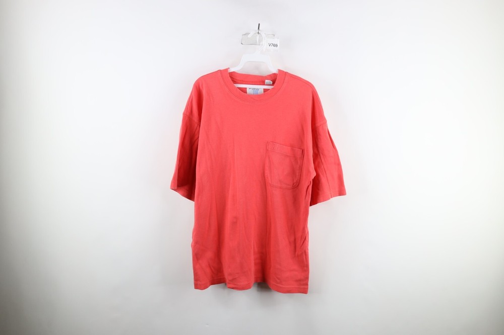 Vintage 90s IOU Mens Medium Blank Baggy Fit Short Sleeve Pocket T-Shirt Salmon