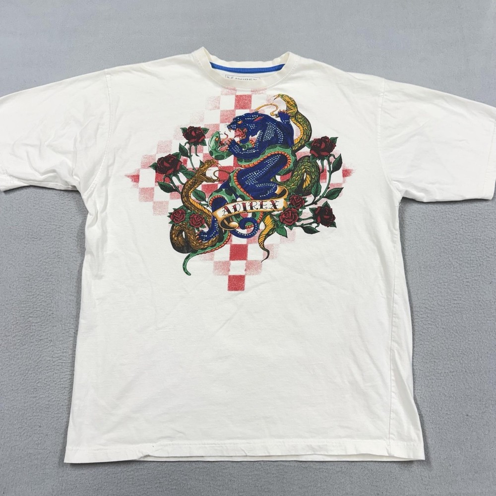 Avirex Shirt Mens XL White Snake Panther Rose Graphic T-Shirt Tee Tattoo