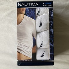 NAUTICA Men L 4 Pack White Soft Cotton Crew Neck T Shirts w Logo Tag Free